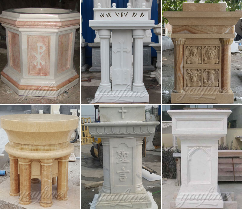 Religious statues of marble pulpit and font