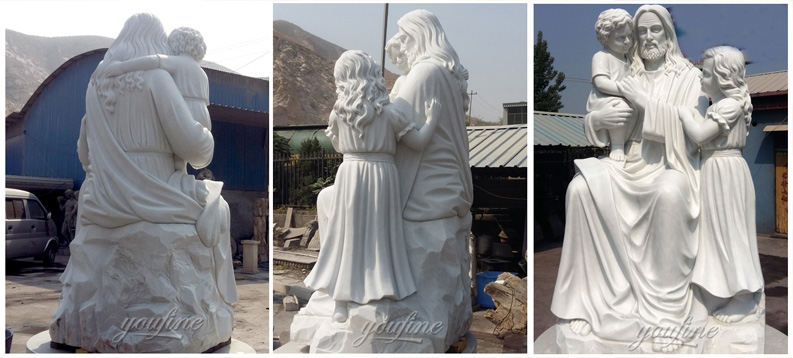 Religious statues of marble stone Jesus hold children sculptures
