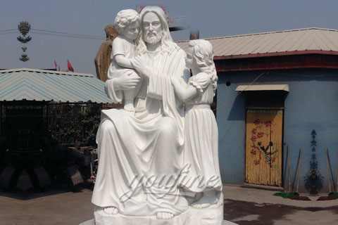 Religious statues of marble stone Jesus hold children sculptures 