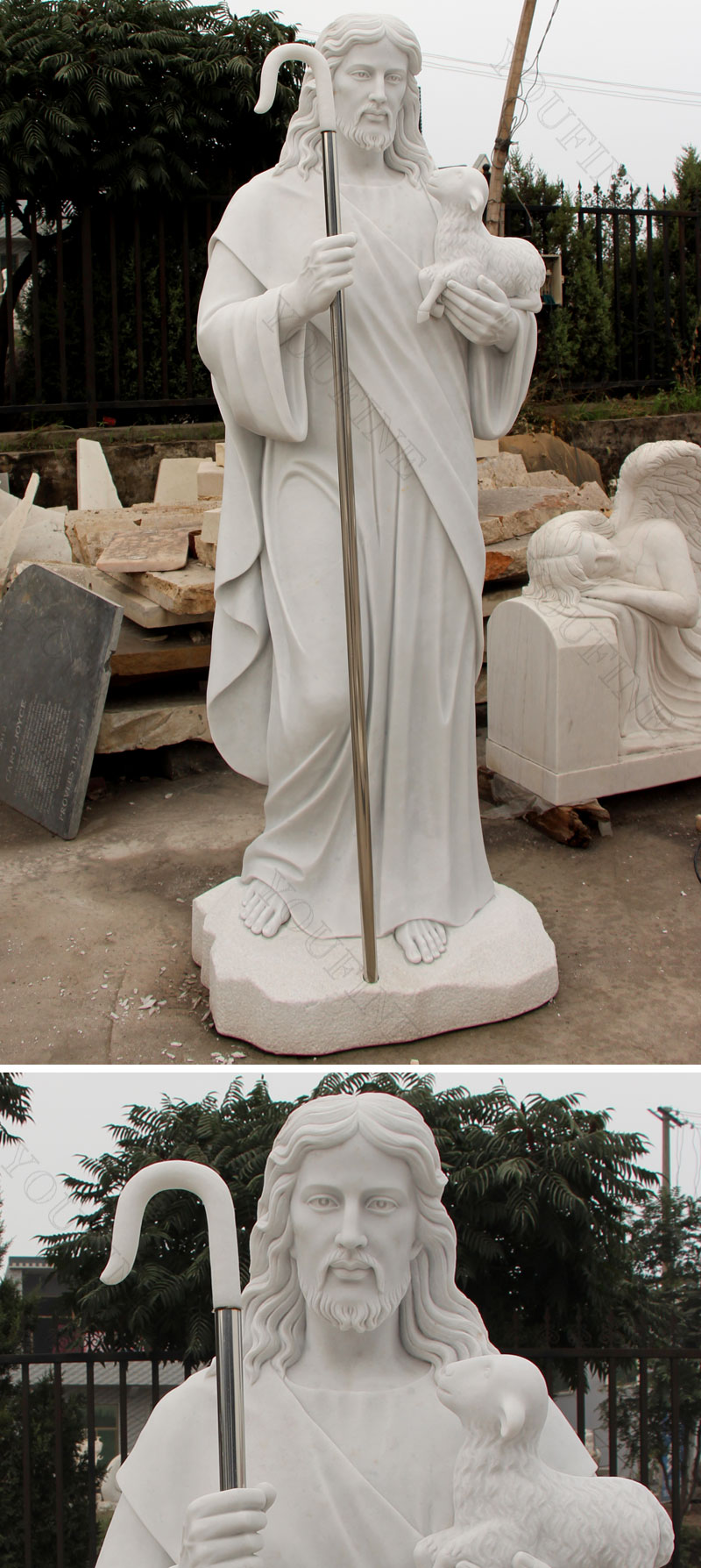 Life size marble shepherd statues of jesus details