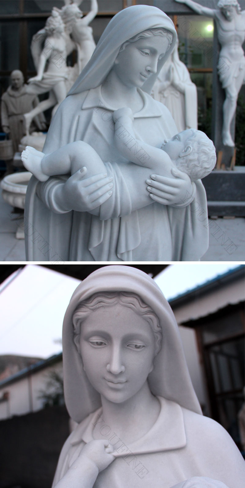 Mother virgin mary with baby jesus statues for church outdoor decor details
