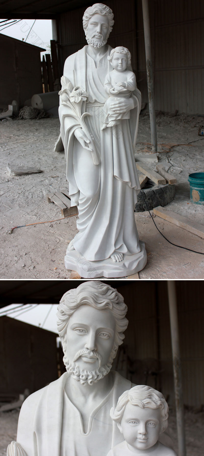 Religious marble statues of St. Joseph with baby jesus details