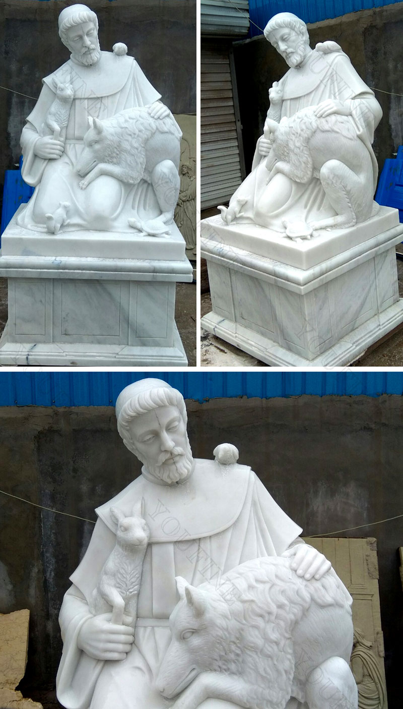 Religious white marble sculptures of St. Francis details