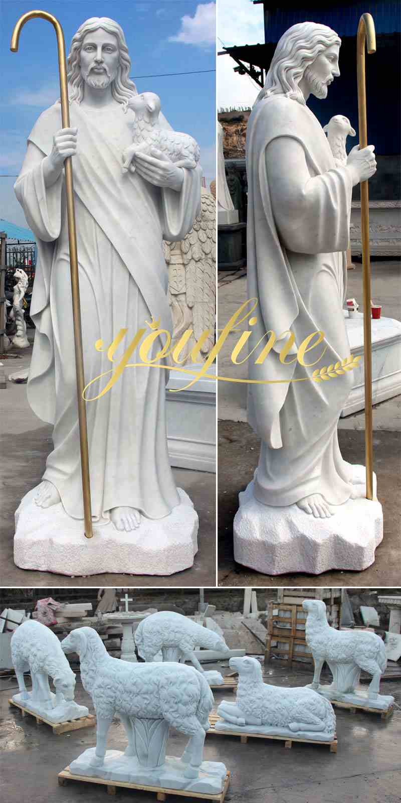 Life Size Religious Marble Jesus Holding Lamp and Bronze Stick Good Shepherd for Sale Details