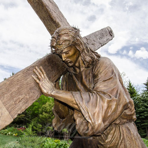 Religious Antique Bronze Jesus Christ Garden Statue with Cross for sale