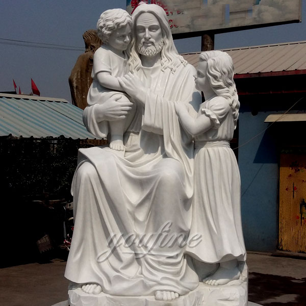 Religious statues of marble stone Jesus hold children sculptures