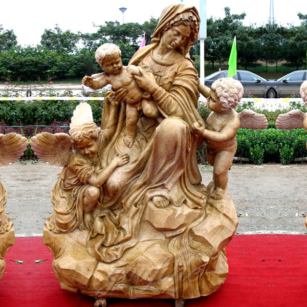 Beige marble carving mother mary with angels garden statues of our lady Carmel