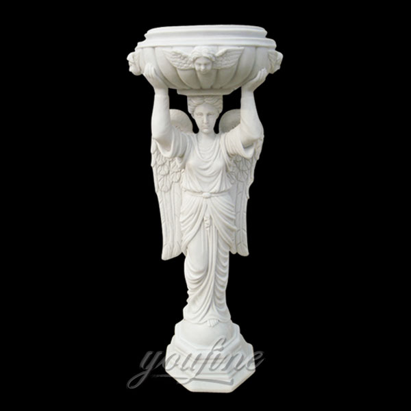 Religious statues of white marble font with woman angel decor for sale