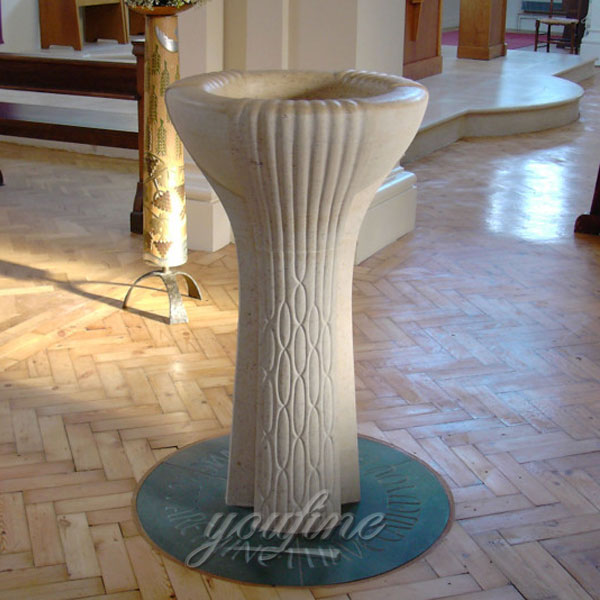 Religious statues of white marble holy water font for church